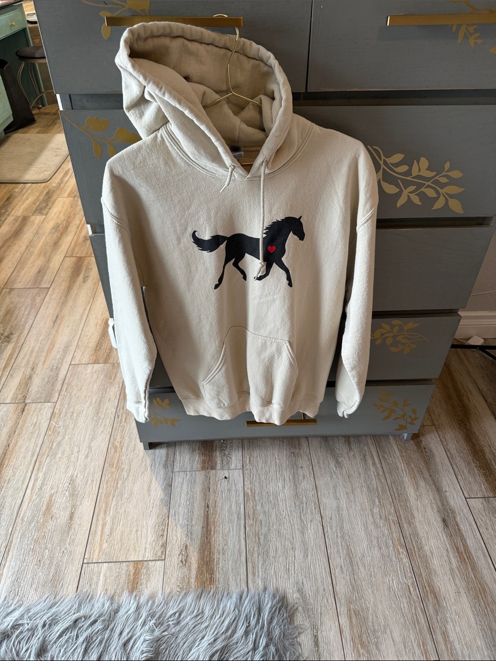 Gildan Cream Hoodie with Black Horse and Red Heart Accent